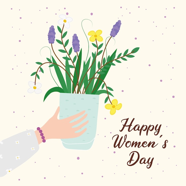 Scheda dell'iscrizione di giorno delle donne felici con l'illustrazione della pianta della casa dei fiori di sollevamento della mano