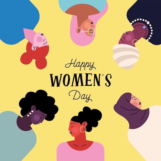 Happy womens day lettering with group of six ladies characters  illustration 