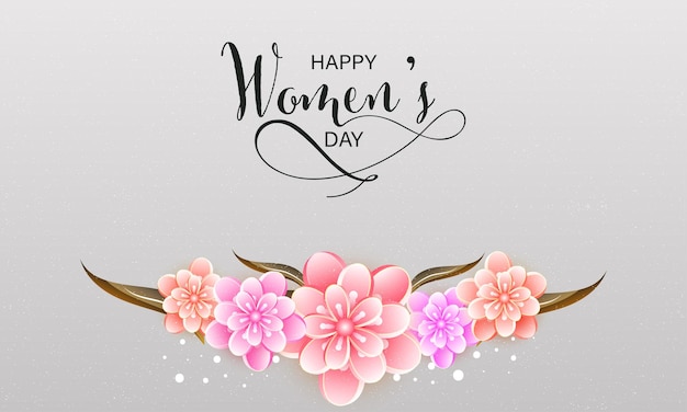 Happy Womens Day-lettertype met mooie glanzende bloemen op grijze achtergrond
