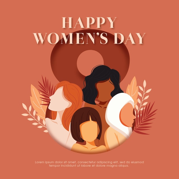 Happy Womens Day Poster 8 symbol background with women different nationalities Vector Illustration