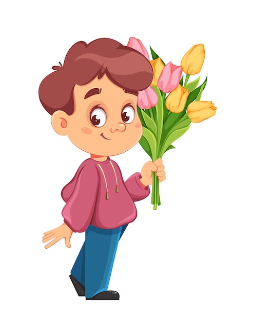 Happy Womens day Schattige jongen stripfiguur met een boeket tulpen Grappige kleine jongen