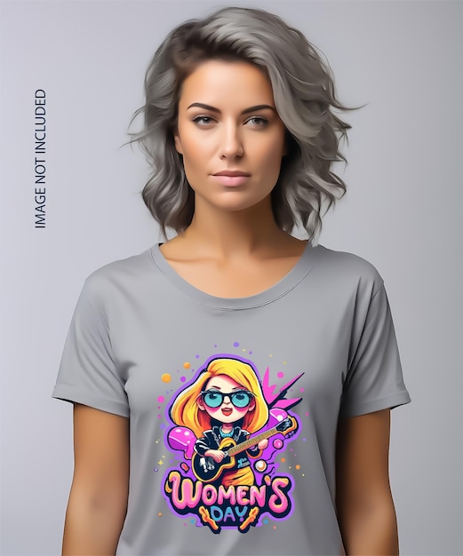 Vettore happy womens day t-shirt design con carina bambola chitarra elettrica e tipografia esplosiva