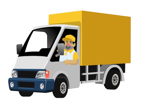 Happy worker driving delivery truck box