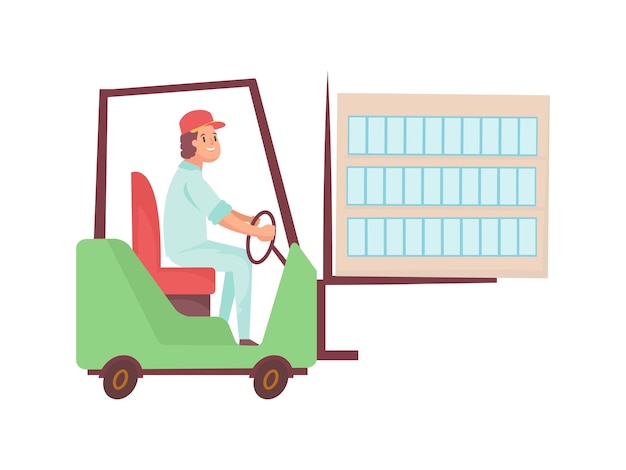 Vector happy worker driving forklift on white background flat vector illustration