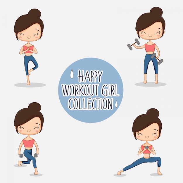 Happy workout girl cartoon character collection