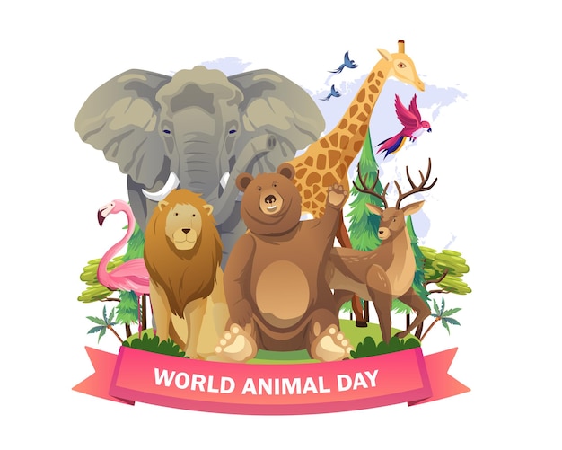 귀여운 야생 동물 일러스트와 함께 해피 세계 동물의 날 컨셉 디자인
