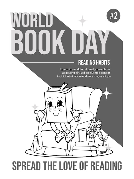 Happy World Book Day cartoon 70s style BW