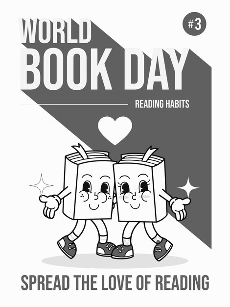 Happy World Book Day spread the love of reading 70s cartoon style BW
