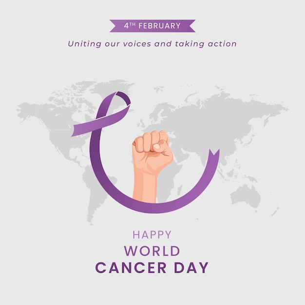 Illustrazione di vettore di happy world cancer day con una mano che tiene un nastro di lavanda