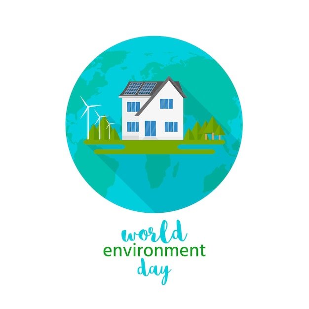 Happy World Environment Day ansichtkaart met groene stad achtergrond, windturbine. Eco vriendelijke ecologie concept. Red de aarde.