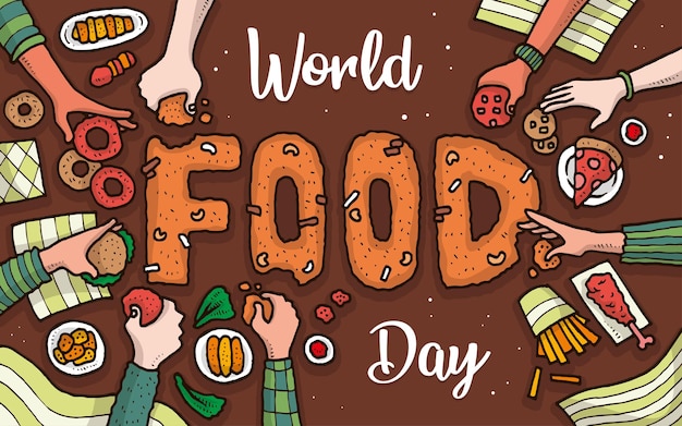 ベクトル パンとケーキのイラストを描く人々 の手で幸せな世界食糧デー