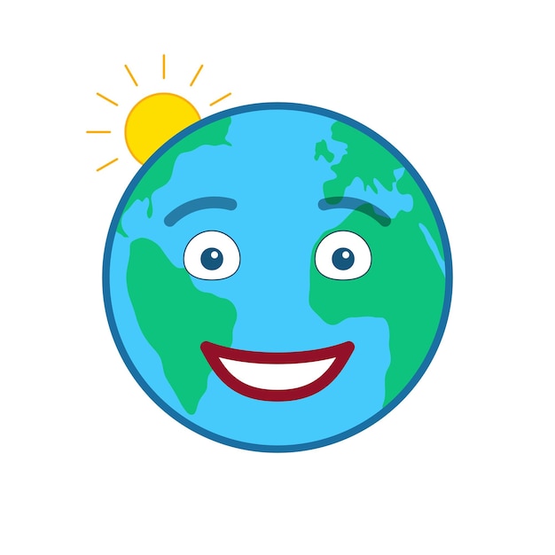 Happy world globe isolated emoticon joyful blue planet emoji social communication and weather widget cute face showing facial emotion funny earth with sun icon weather forecast vector element