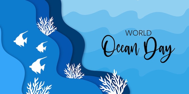 Happy world ocean day blauw witte achtergrond social media design banner gratis vector