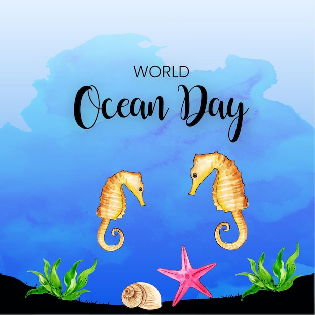 Happy World Ocean Day Blue Green Yellow Background Social Media Design Banner Free Vector