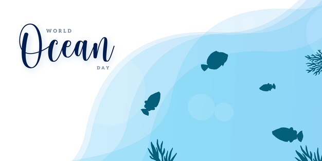 Happy World Ocean Day White Blue Background Social Media Design Banner Free Vector