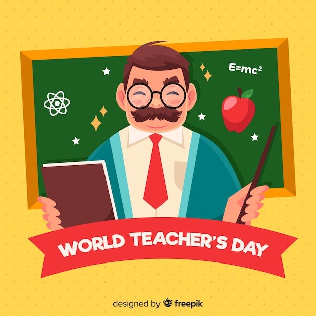 Happy world teacher's day background with male teacher and blackboard
