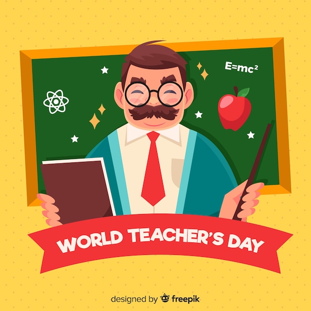 happy world teacher's day background with male teacher and blackboard