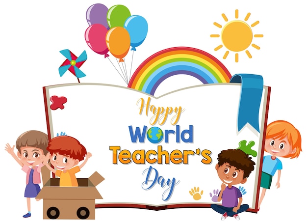 Happy world teacher's day-logo met een groep schattige studenten