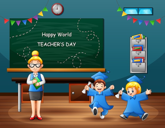 Happy world teachers day with graduation kids and teacher