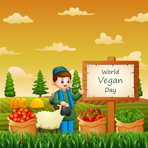 Felice giornata mondiale vegana con verdure e contadino in giardino