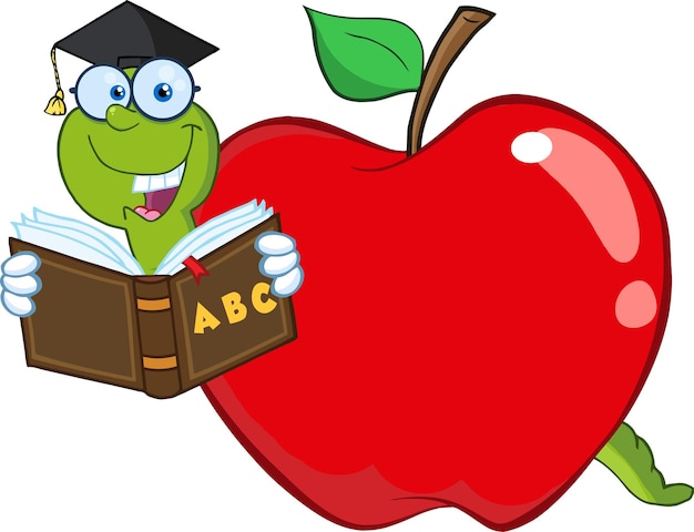 Vector happy worm in red apple reading a school book