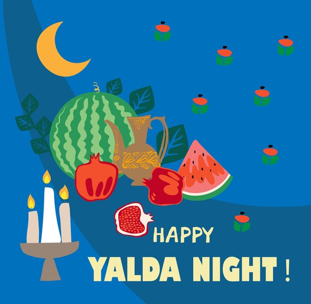 Vector happy yalda night banner template with symbols of the holiday watermelon pomegranate candles