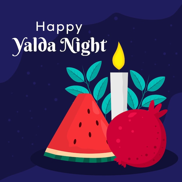 Happy yalda night illustration with leaves pomegranate watermelon and candle