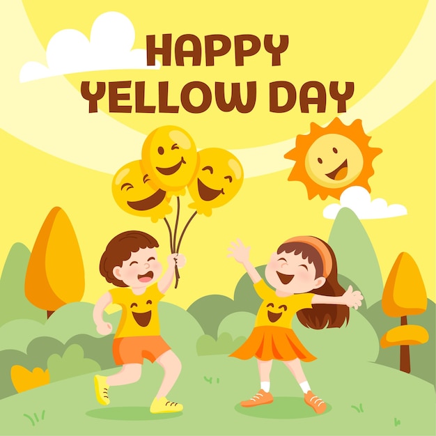 Vettore cartolina del giorno giallo felice due bambini celebrano la festa