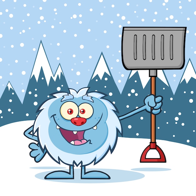 Vector happy yeti character holding up a winter shovel