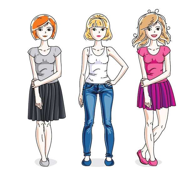 Happy young adult girls female standing wearing casual clothes. Vector characters set.