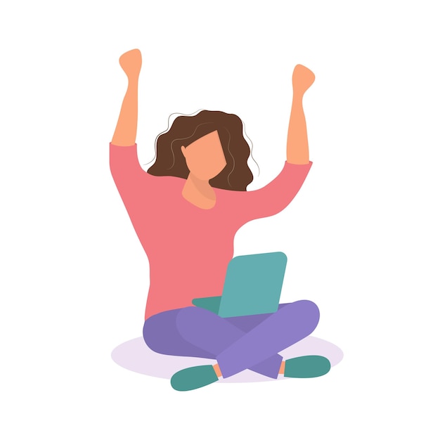 Happy young adult woman sit with laptop computer and hand raise up in joy gesture