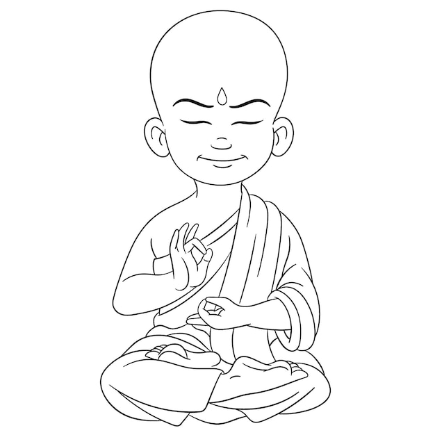 Happy young baby Buddha sitting and meditating in lotus pose. Cartoon coloring book page for kids.