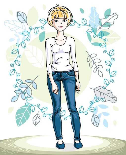 Happy young blonde woman posing on background of spring landscape and wearing fashionable casual clothes. Vector attractive female illustration. Springtime fashion and lifestyle theme cartoon.