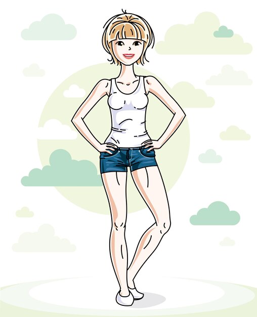 Vector happy young blonde woman posing on background with blue heavens clouds and wearing fashionable casual clothes. vector attractive female illustration. lifestyle theme cartoon.