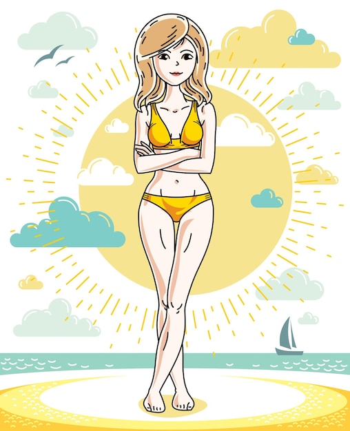 Felice giovane donna bionda in posa sulla spiaggia tropicale e indossando il costume da bagno. illustrazione femminile attraente di vettore. cartone animato a tema stile di vita vacanze estive.