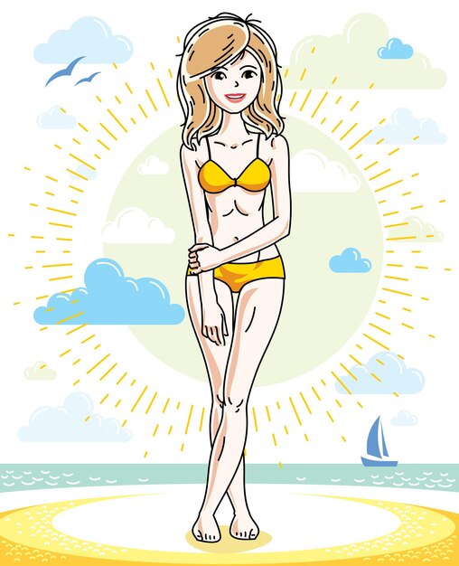 열 대 해변에서 포즈와 수영복을 입고 행복 한 젊은 금발의 여자. 벡터 매력적인 여성 그림입니다. 여름 휴가 라이프 스타일 테마 만화.