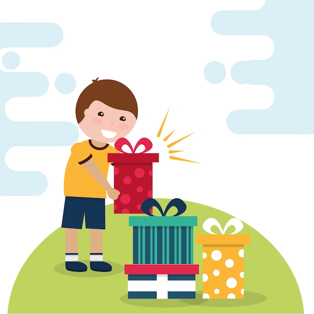 Vector happy young boy holding gift box and various boxes in floor vector illustration