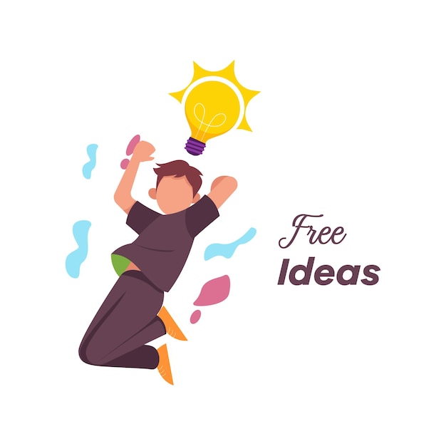 Happy young boy jumping he got a brilliant idea for free Symbol of creativity creative idea mind thinking Colored flat graphic vector illustration isolated on white background