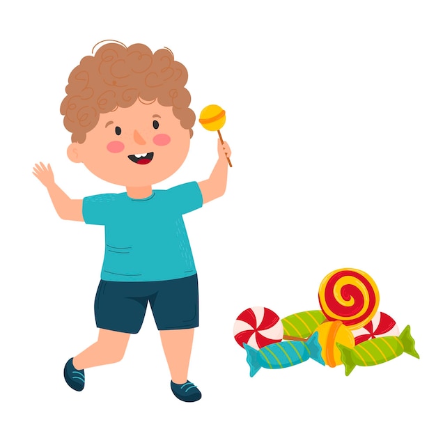 Happy young boy standing wearing sports outfit lollipop in the hand a lot of sweets