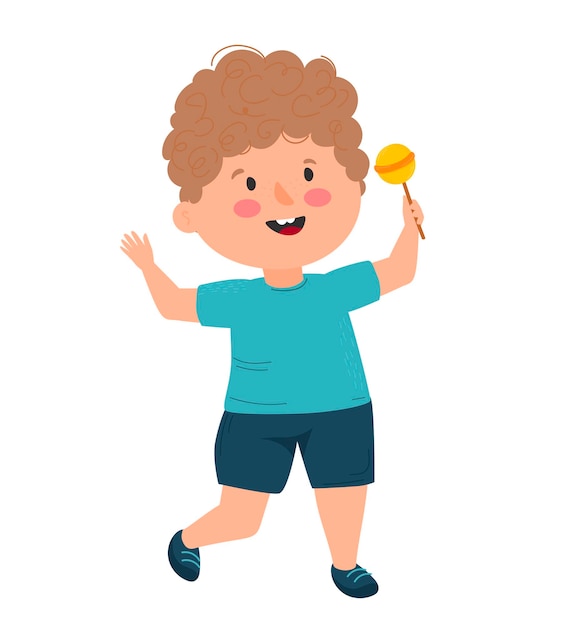 Счастливый молодой мальчик, стоящий в спортивном костюме Lollipop в руке