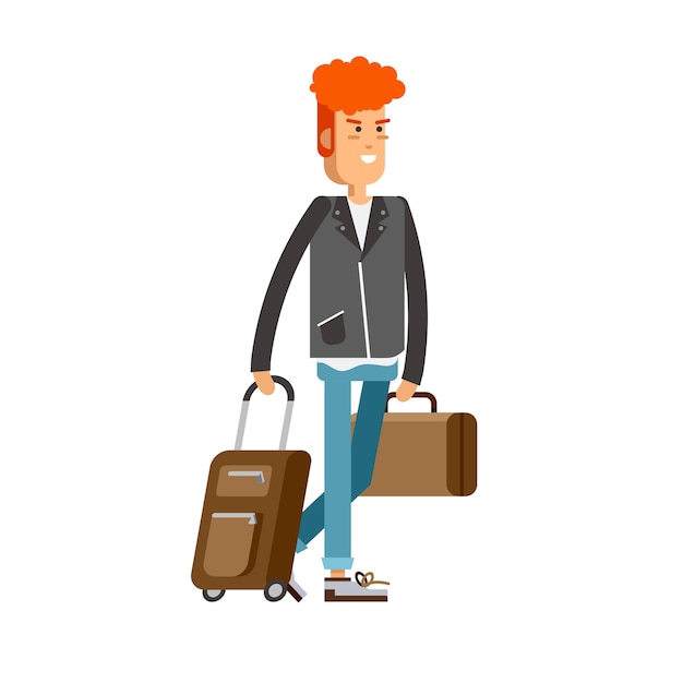 Vector happy young boy traveling with luggages