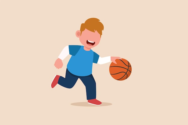 Счастливый молодой мальчик с мячом, играющий в баскетбол Концепция игровой деятельности Плоские векторные иллюстрации изолированы