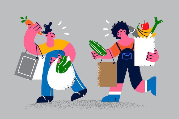 행복한 젊은 부부는 함께 시장에서 식료품 쇼핑을 하고 있습니다. 웃는 남자와 여자는 건강한 생활 방식을 따르고 야채 과일을 구입합니다. 영양과 다이어트 개념입니다. 평면 벡터 일러스트 레이 션.