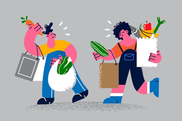 Vettore le giovani coppie felici portano insieme la spesa dei pacchi sul mercato. l'uomo e la donna sorridenti seguono uno stile di vita sano, comprano frutta vegetale. concetto di nutrizione e dieta. illustrazione vettoriale piatto.