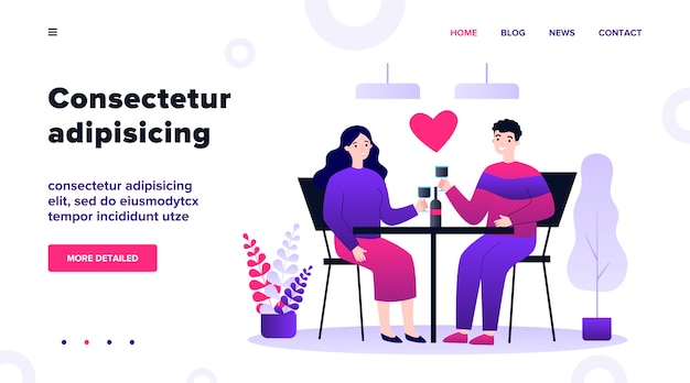 happy young couple dating in restaurant on valentines day. man and woman sitting at table, drinking wine, celebrating anniversary.  illustration for relationship, love, romantic dinner concept