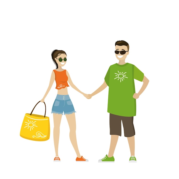 Happy young couple of people holding hands cute cartoon vector illustration