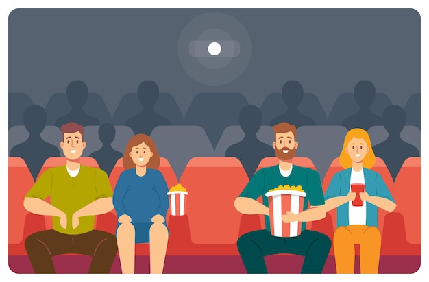 映画館で映画を見ている幸せな若いカップルのキャラクター。映画館で映画を楽しんでいるポップコーンとソーダを飲む若い男性と女性。人々の週末の娯楽。漫画のベクトル図