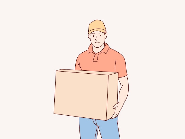 Happy young delivery courier man standing with a post box parcel simple korean style illustration