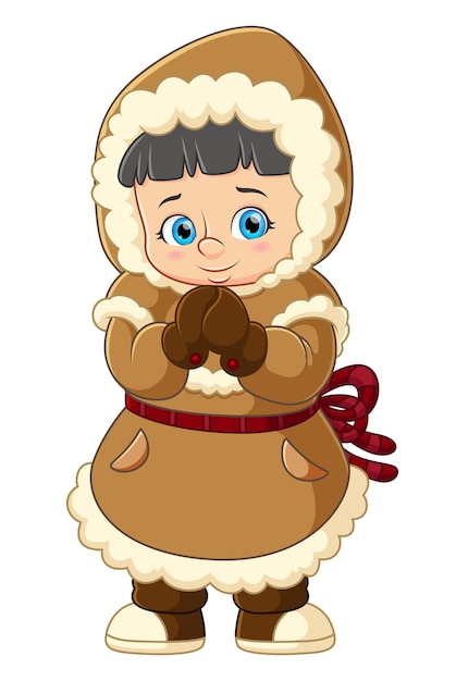 Happy young eskimo girl teen dressed warm clothes