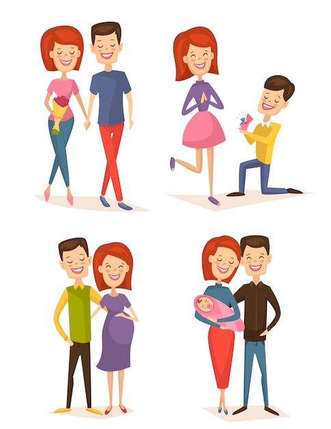 Vector happy young family couple set